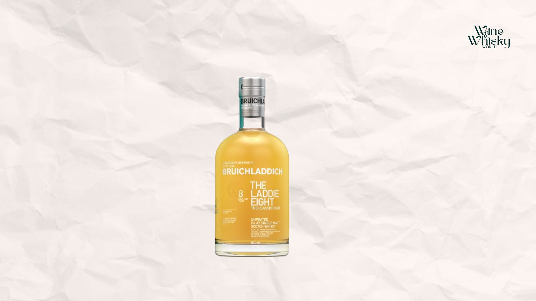 Bruichladdich 8 whisky bottle and winewhiskyworld logo